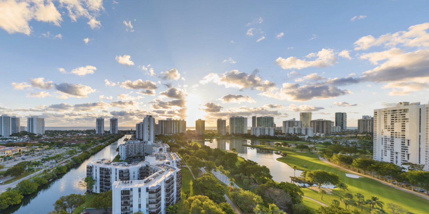 View east from level 11 at sunset