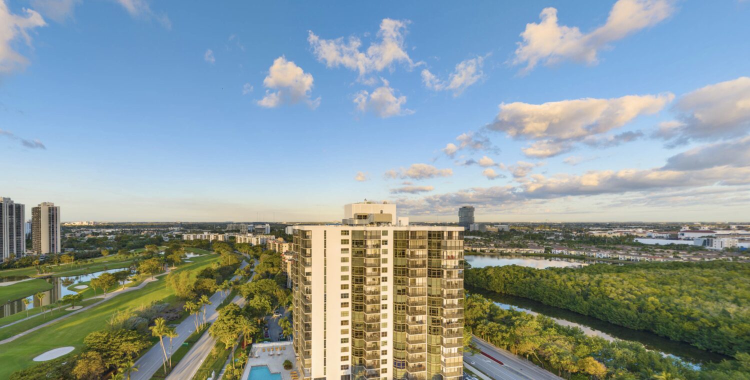 View west from level 11 at sunset