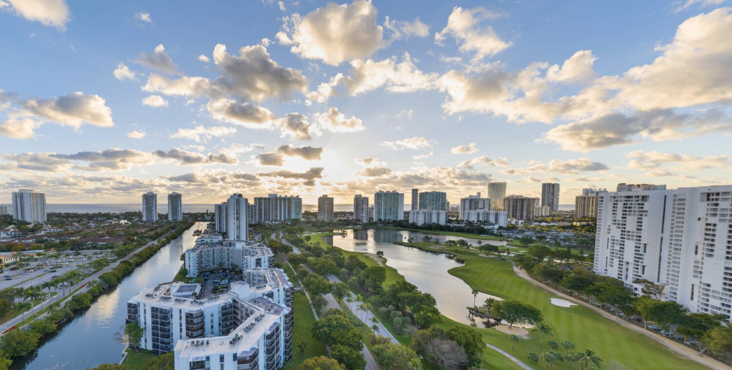 View east from level 15 at sunset
