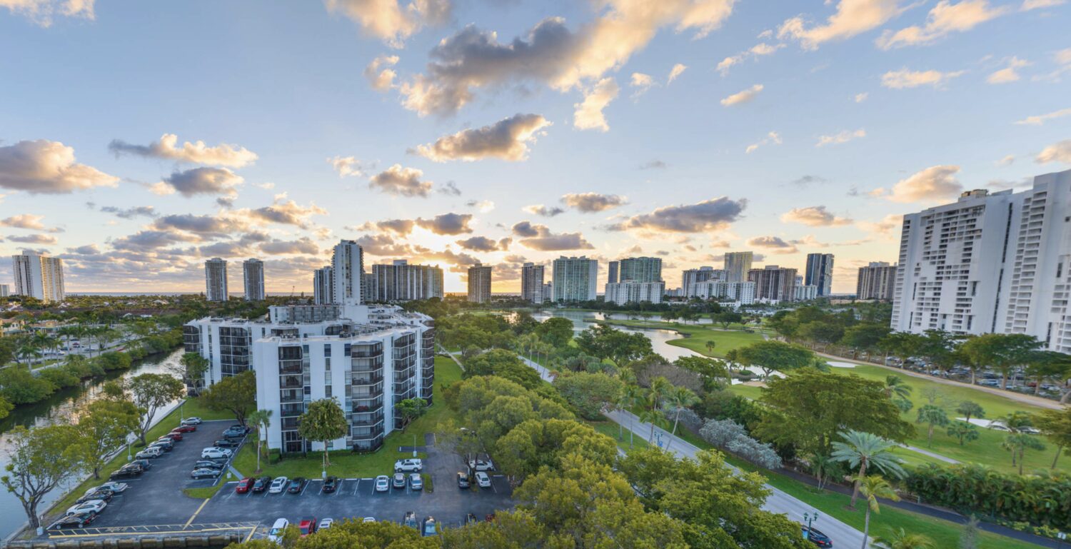 View east from level 5 at sunset