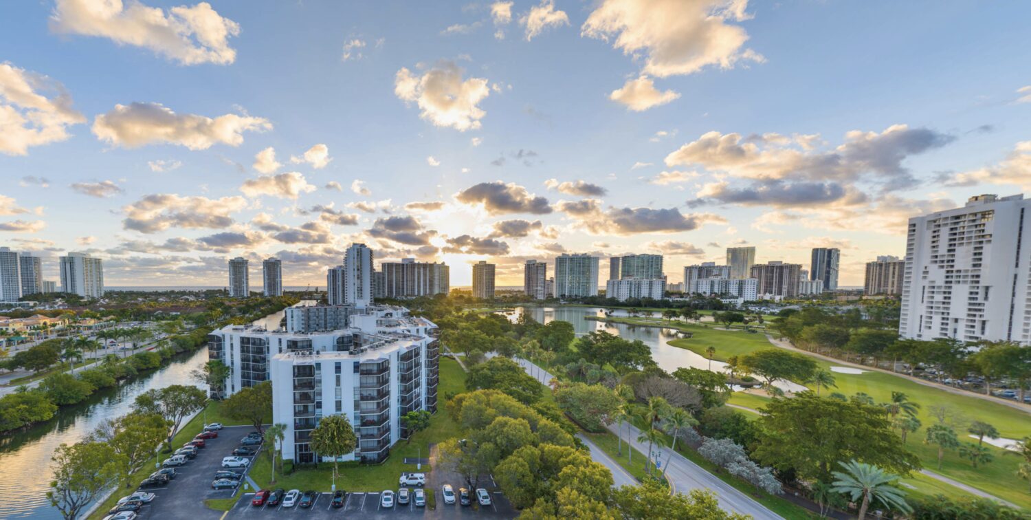View east from level 7 at sunset